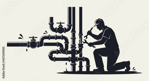 Silhouette of a plumber repairing pipes with a wrench in a industrial setting.