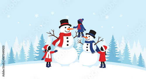 Illustration of children building snowmen in a snowy forest with a winter wonderland scene