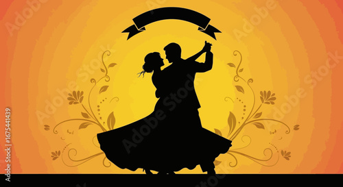 Silhouette of a dancing couple against a vibrant orange sunset background with floral designs