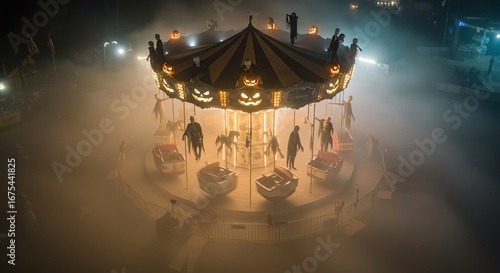 Eerie Halloween Carousel Ride at Nighttime Fairground Celebration