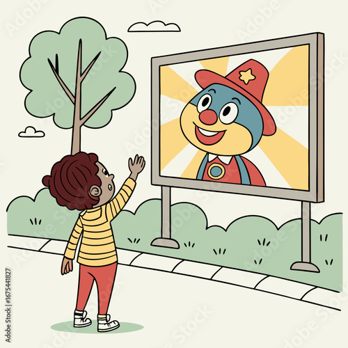 Child Watching Cartoon Firefighter Billboard in Park