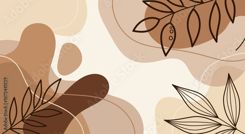 Minimalist abstract background featuring soft brown and beige organic forms with elegant botanical line drawings, exuding natural tranquility