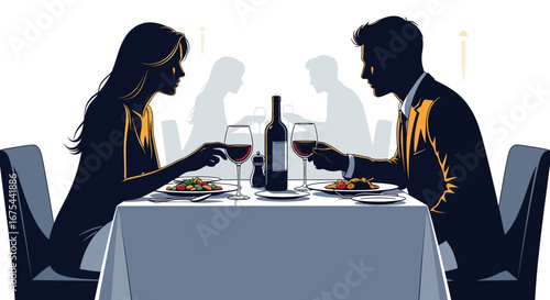Silhouette of a romantic couple enjoying a meal together at a restaurant table with wine.