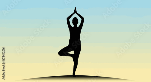 Silhouette of a woman practicing yoga in tree pose on a hill against a colorful sunset background.