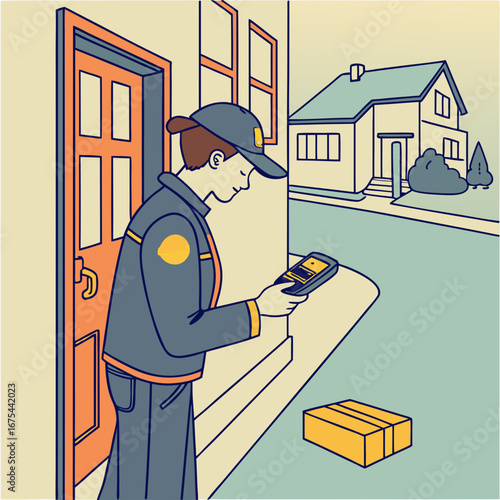 Delivery Person Using Handheld Device at Suburban Home