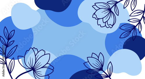 Elegant blue abstract background with organic shapes and delicate line art floral motifs, ideal for modern decorative designs and serene digital spaces