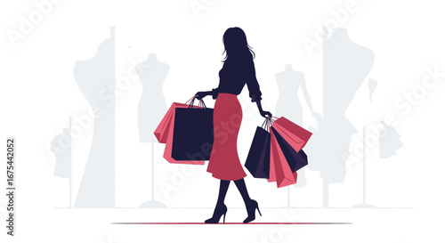 Vector illustration of a woman carrying multiple shopping bags in a stylized storefront background with mannequins.