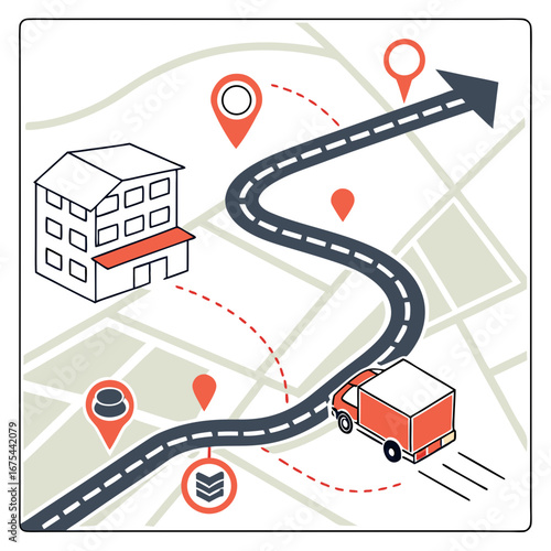 Delivery Truck on Winding Road Map Route