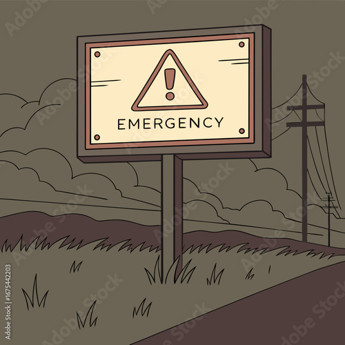 Emergency Warning Sign in a Rural Landscape
