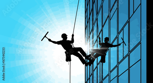 Silhouette of two window cleaners rappelling down a high-rise building on a sunny day with a clear blue sky.