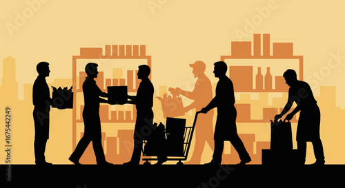 Silhouette of warehouse workers loading boxes onto a cart in a modern warehouse with warm tones.