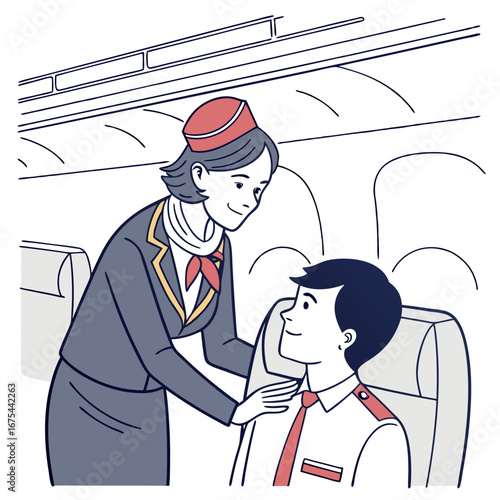 Flight Attendant Assisting Passenger on Airplane