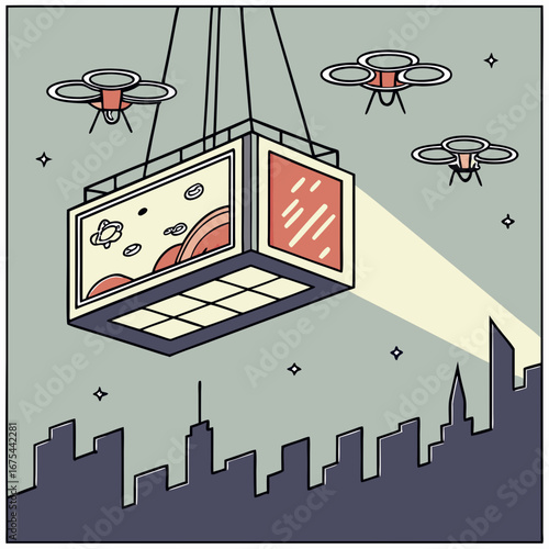 Futuristic Cityscape at Night with Drones Delivering a Suspended Advertisement Container