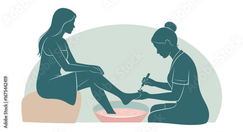 Illustration of a woman receiving a foot spa treatment from a therapist in a simple, line-art style with a calming green and beige color scheme.