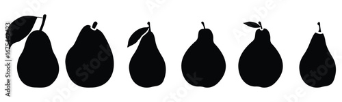 Collection of Tropical and Orchard Fruit Silhouettes – Pear, Pineapple, Strawberry, and Dragon Fruit Vector Icons on White Background