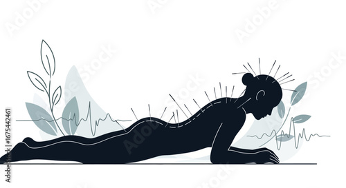 Minimalist illustration of a woman doing yoga on a mat with plants and abstract lines