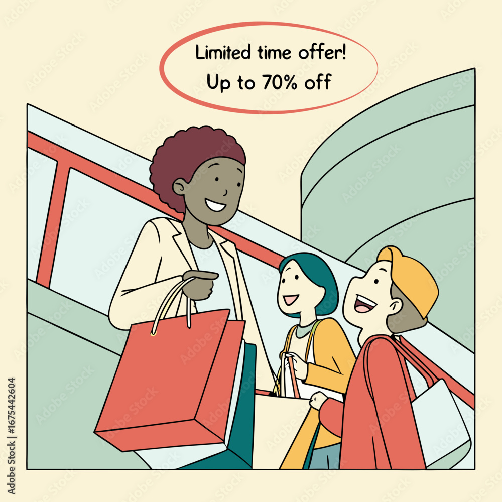 Obraz premium Happy Family Shopping with Bags on Escalator, Up to 70% Off Sale