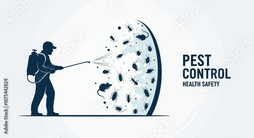 Flat design illustration of a pest control worker spraying insecticide