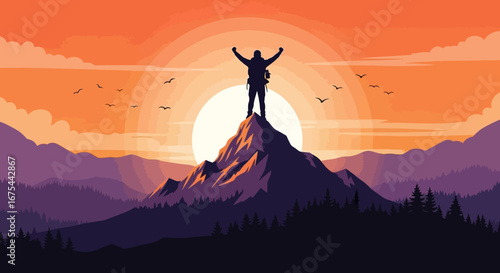 Silhouette of a triumphant person standing on a mountain peak with arms raised at sunset