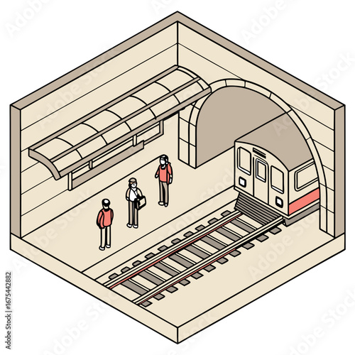 Isometric Illustration of Subway Station with Passengers Waiting for Train