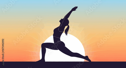 Silhouette of a woman performing a yoga pose at sunset