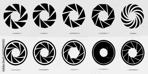 Collection of abstract circular aperture diaphragm icons with geometric shapes and swirling patterns