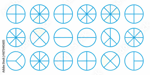 Collection of blue circles divided into various segments representing fractions and divisions