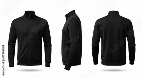 Black Zip-Up Jacket Mockup Three-Quarter Views.