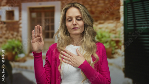 Wallpaper Mural Woman pledging allegiance with hand over heart wearing pink sweater outdoors against rustic house backdrop conveying sincerity honesty and commitment feelings. Torontodigital.ca