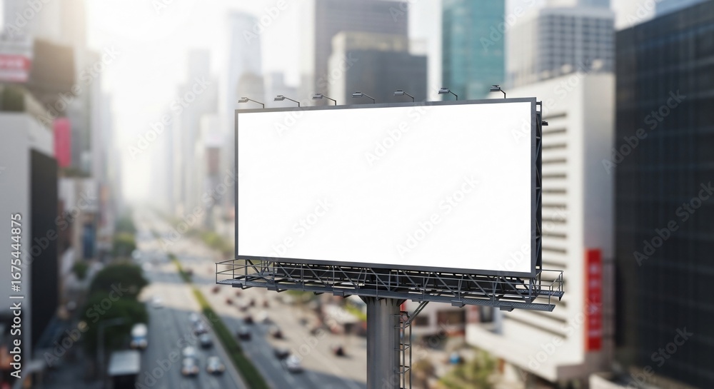 Fototapeta premium Large Blank White Billboard Mockup with Spotlights on Urban City Street.