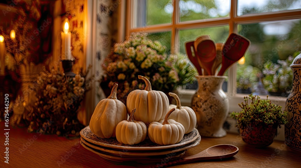 Fototapeta premium small pumpkins and white mini pumpkins on an oak table