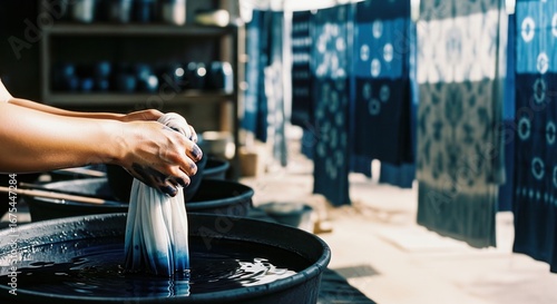 Hands dyeing fabric with natural indigo in artisan workshop