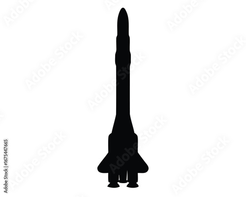 Black silhouette of a rocket with boosters on a white background