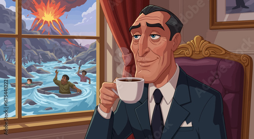 Calm Businessman Drinks Coffee Indoors, Observing a Distant Volcanic Eruption and River Disaster Scene Outside