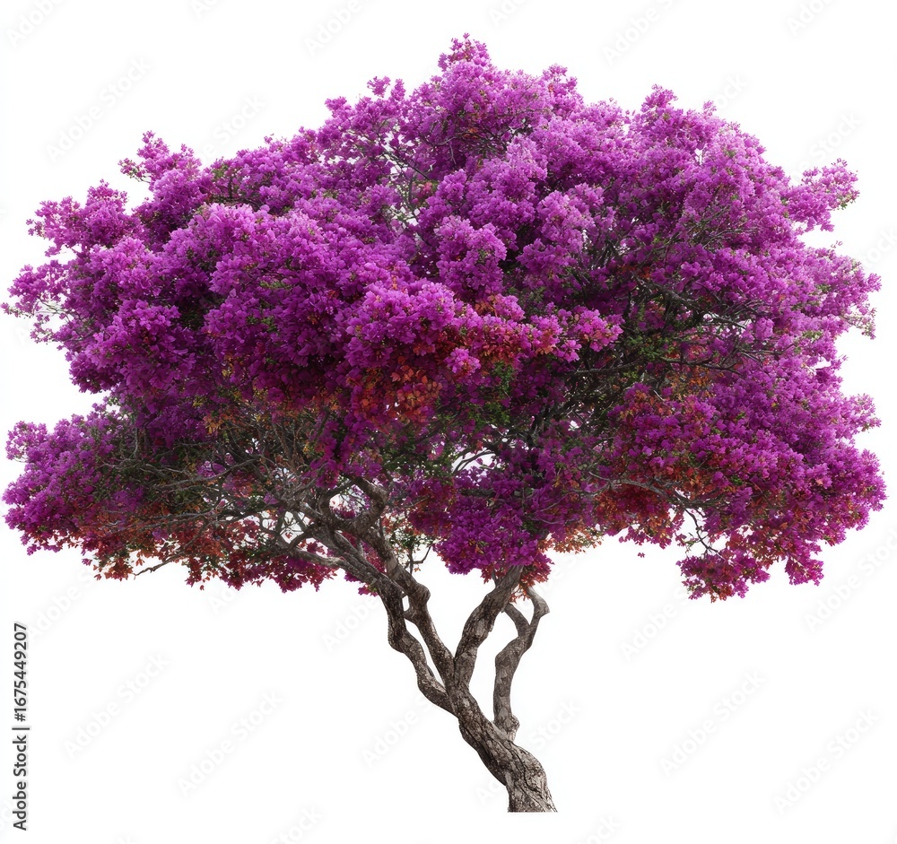 Fototapeta premium Lush, vibrant purple flowering tree against a white background