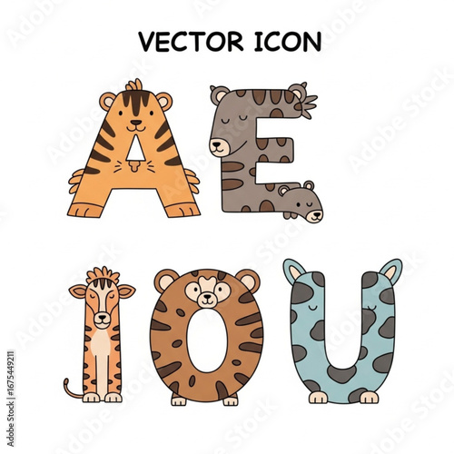 English Vowels Vector Icon Set: Minimalist A, E, I, O, U Letters for Education, Language Learning, and Typography Design