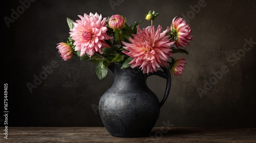 Wallpaper Mural A matte charcoal pitcher with blush flower arrangement, modern rustic still life, balanced composition Torontodigital.ca