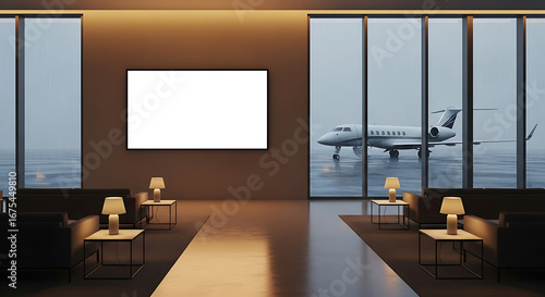 Luxury Private Jet Lounge With Tarmac View And Blank Screen
