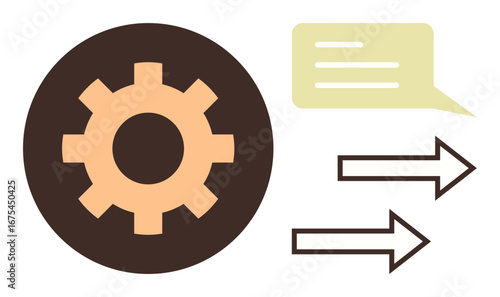 Gear symbol with arrows indicating process and a speech bubble for communication. Ideal for collaboration, process management, automation, efficiency, teamwork, workflows, business strategies. Simple