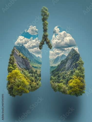 Surreal lungs shaped from mountain landscape and forest, conceptual nature artwork symbolizing clean air, environment protection, ecology and health with copy space  
