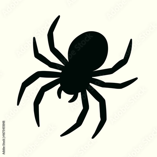 A black spider silhouette, an arachnid illustration perfect for a creepy Halloween bug design, is isolated on a white background