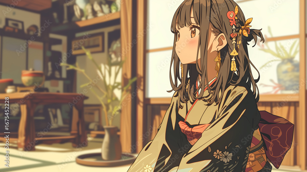 Fototapeta premium Elegant Anime Girl in Kimono Sitting in Traditional Japanese Room with Hair Ornaments