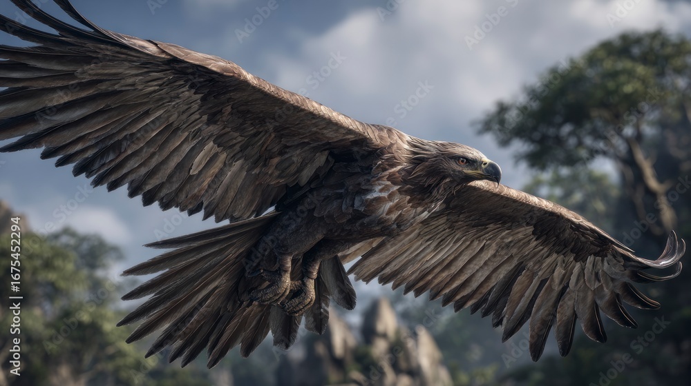 Obraz premium A majestic eagle soars through a dramatic, misty landscape.