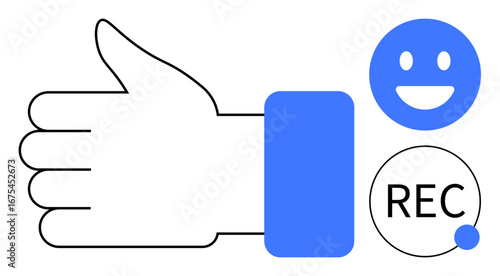 Hand giving thumbs up alongside happy face and recording indicator. Ideal for approval, feedback, positivity, social media, communication, user engagement, simple landing page