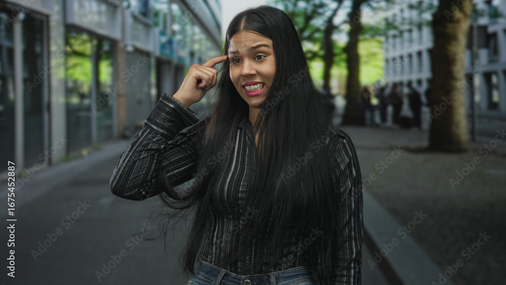 Fototapeta premium Young latin woman in striped shirt with long black hair points finger to head on urban street; mischief.