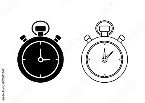 Black Vector Stopwatch Timer Icon for Football Soccer in Solid Silhouette and Minimal Line Art Outline Simple Clean Scalable Sports Time Symbol Design for Match Graphics
