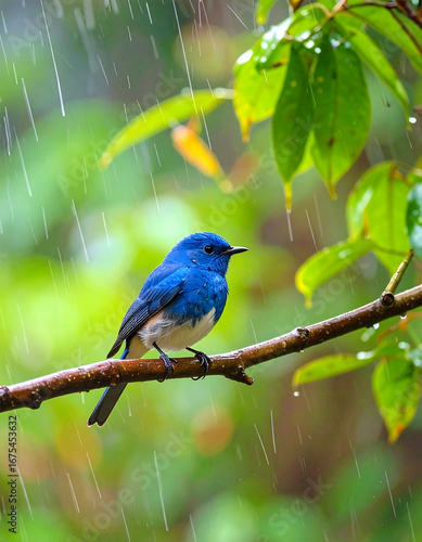 Blue bird perched in rain