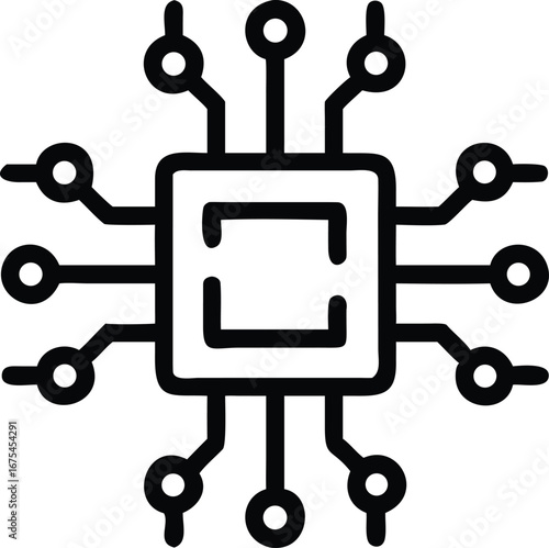 Outline icon of a central processing unit with radiating connections on black processor chip