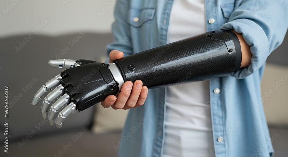 Fototapeta premium Person holding advanced prosthetic arm with hand indoors studio shot