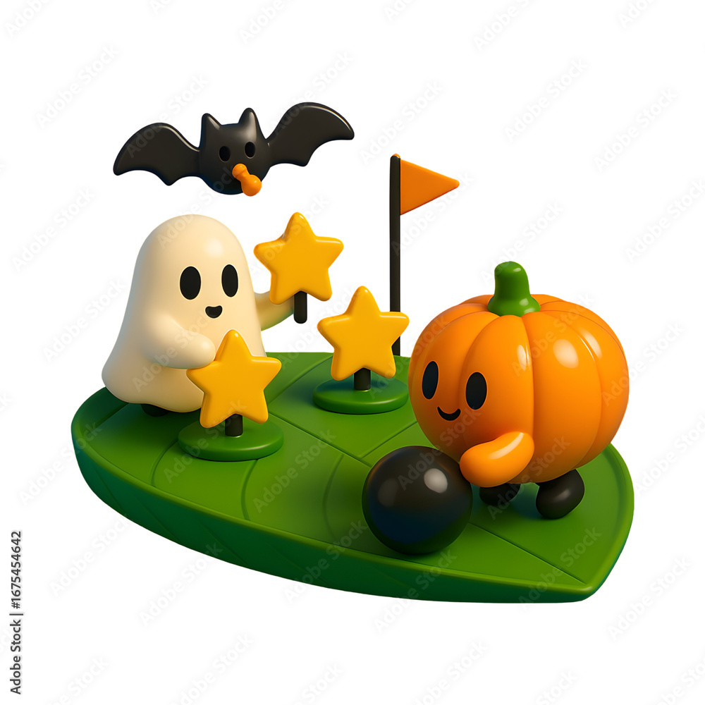 Fototapeta premium Cute 3D Pumpkin Bowling with Star Pins — Ghost & Bat Referee (Transparent Background)